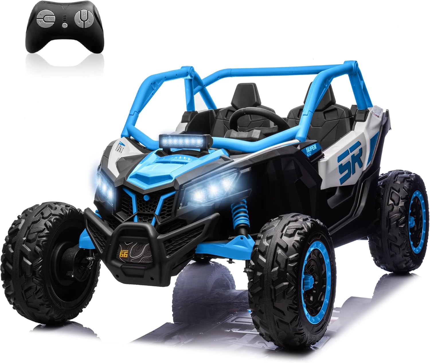 Montable Infantil Azul UTV 24V 4x4 2 Plazas – Goma EVA, Cuero y Pantalla Táctil