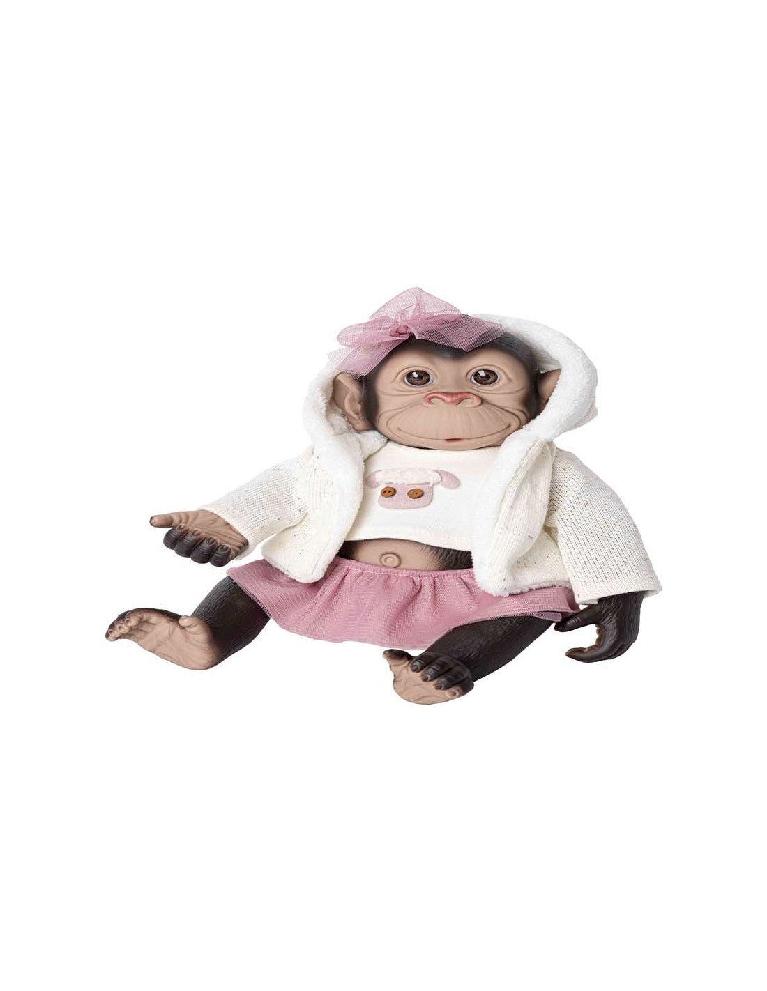 Muñeco Mono Reborn con Capucha Blanca | Bebé Realista con Falda Rosa