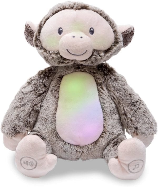 Mono de peluche con luces y sonidos relajantes.